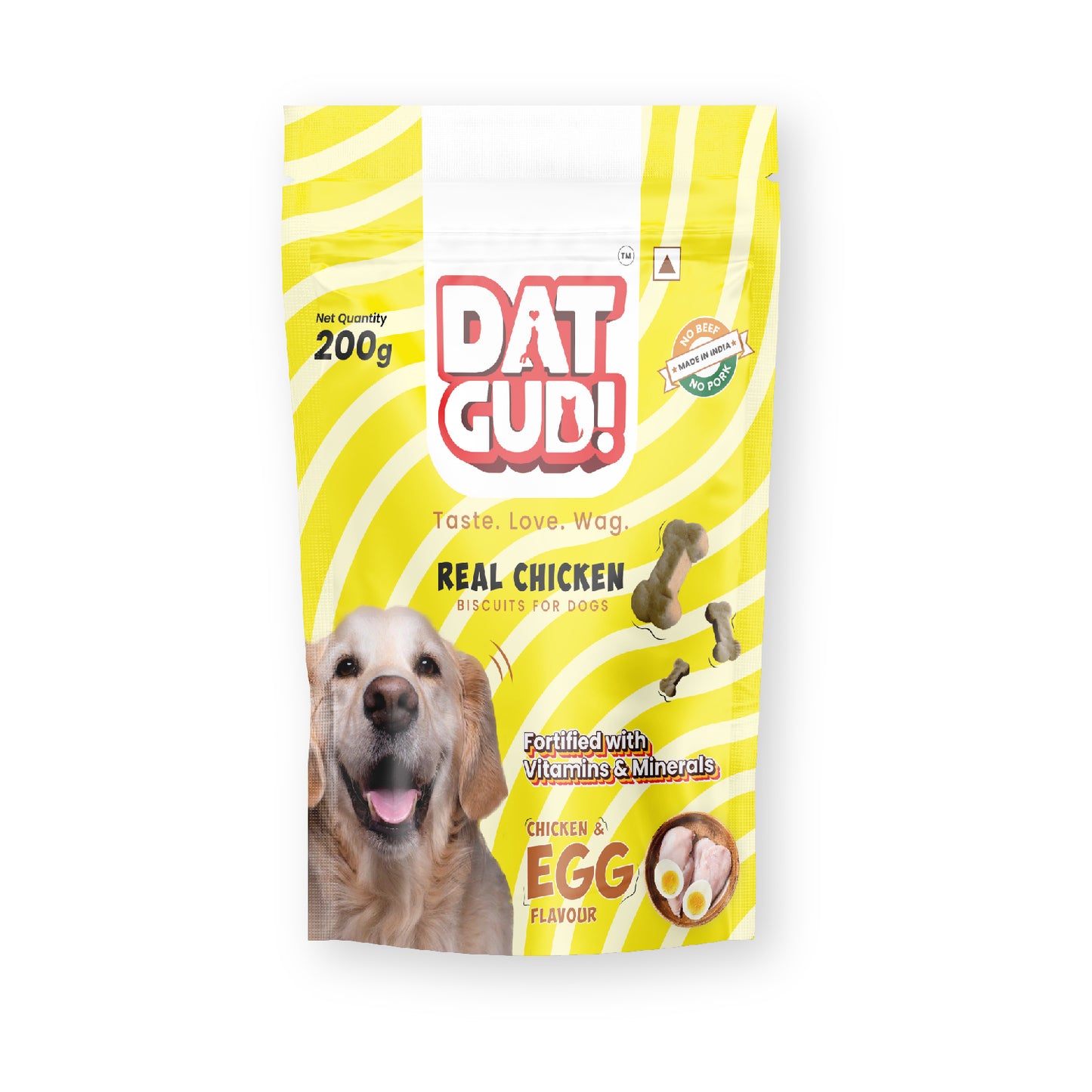 Packshot of DatGud Real chicken biscuits for dogs in Egg flavour
