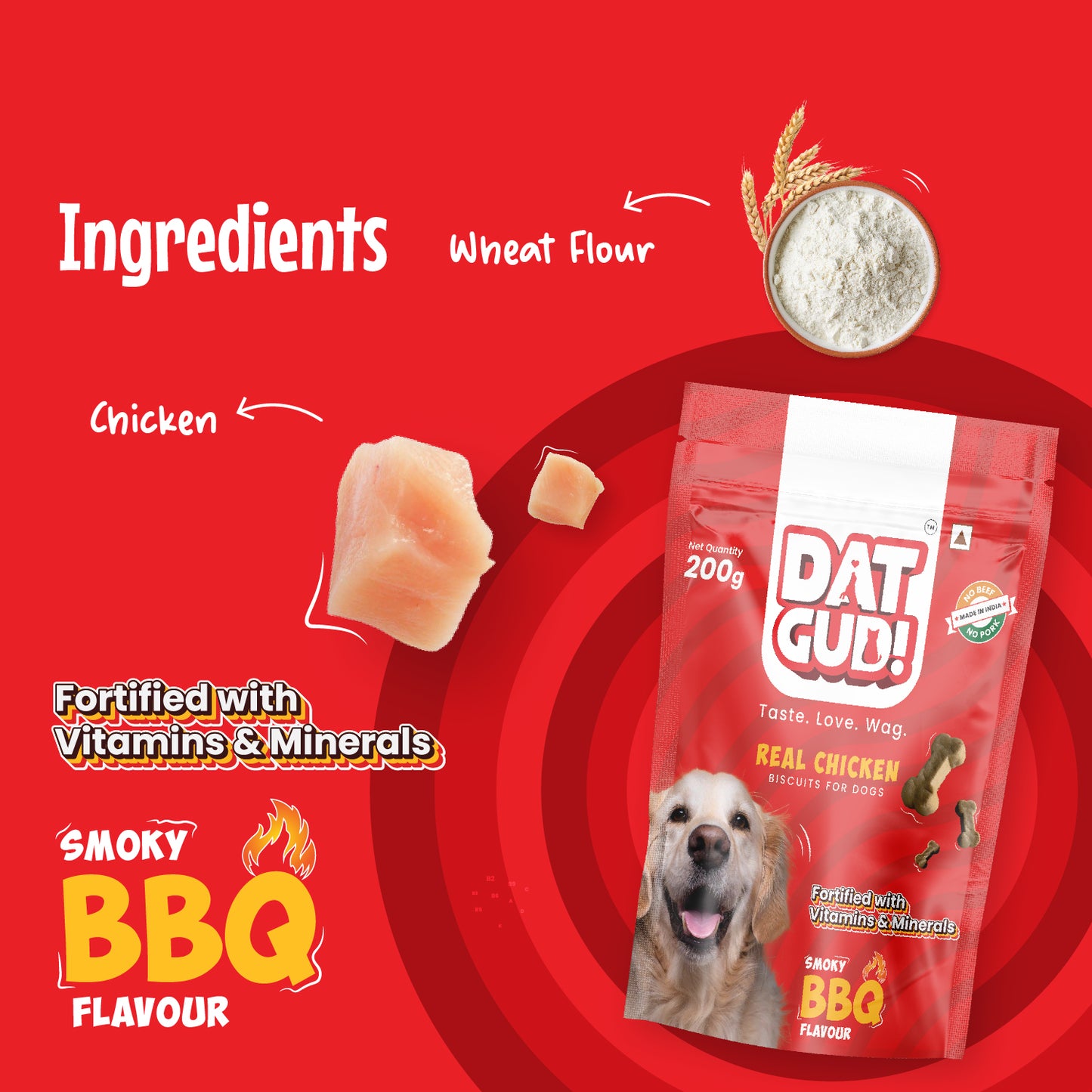 Key ingredients in DatGud Real Chicken Biscuits in smoky barbeque flavor - Wheat flour and chicken.