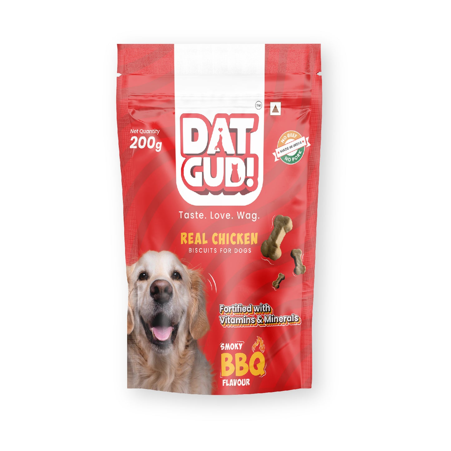 Packshot of DatGud Real chicken biscuits for dogs in smoky barbeque flavour