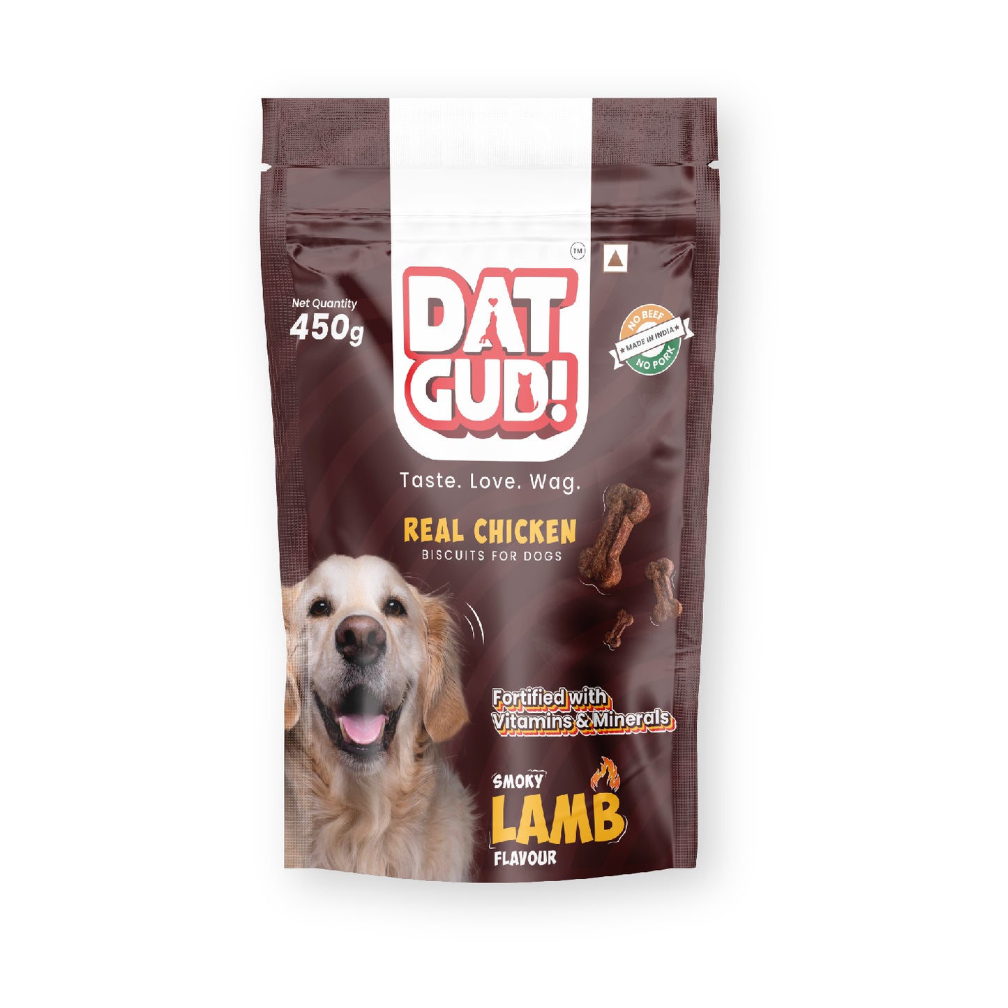 Packshot of DatGud Real chicken biscuits for dogs in smoky lamb flavour