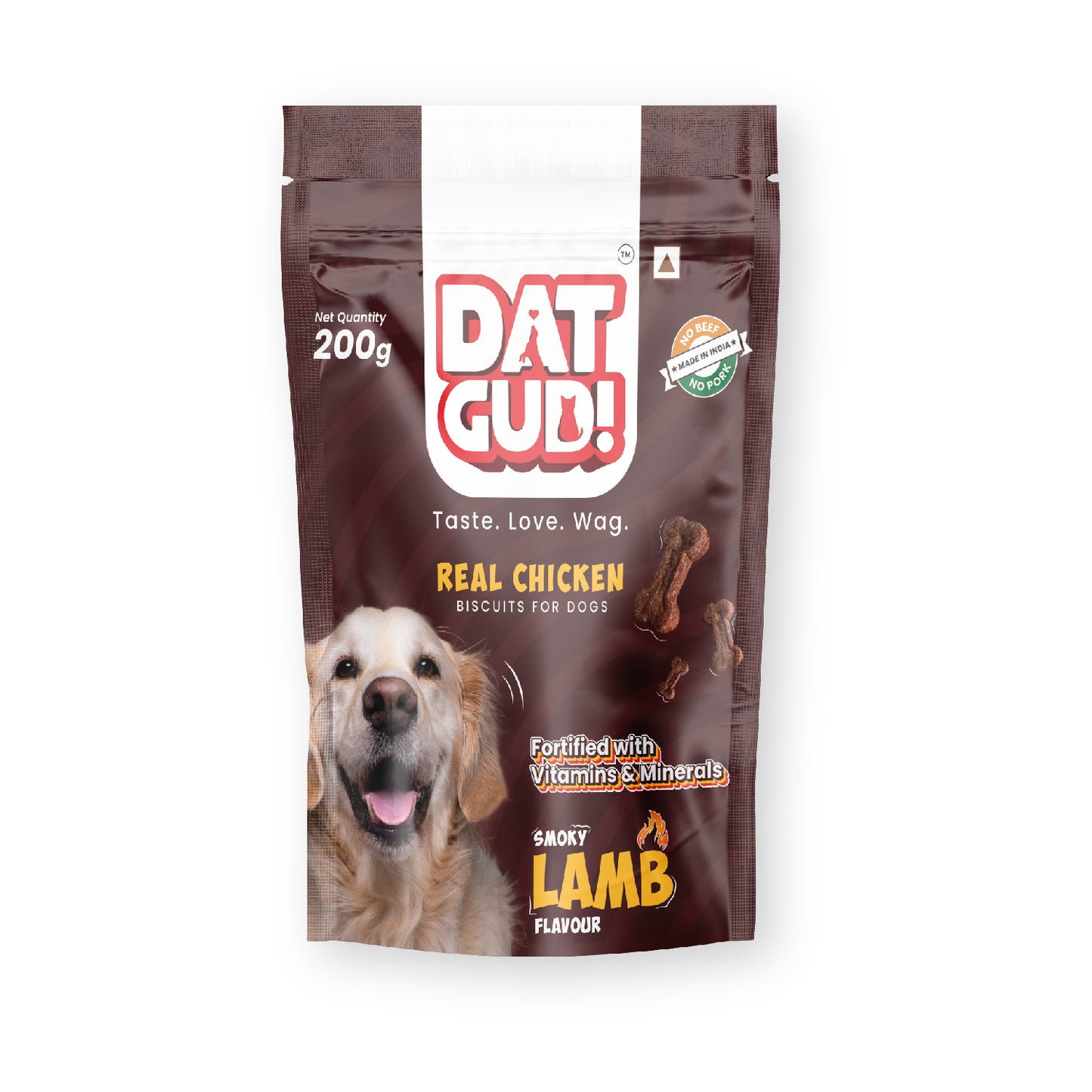 Packshot of DatGud Real chicken biscuits for dogs in smoky lamb flavour