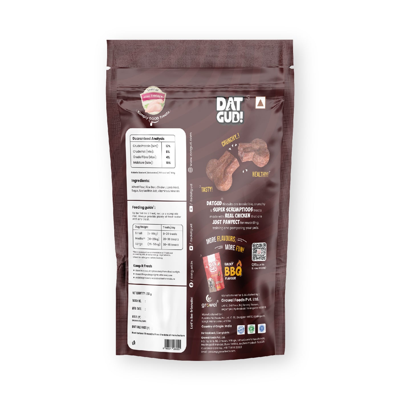 "Packshot of DatGud Real chicken biscuits showing manufacturing details, feeding guide, ingredients and nutrition analysis. Nutrition Analysis: Crude Protein (Min): 12% Crude Fat (Min): 8% Crude Fiber (Max): 4% Moisture (Max): 10% Cholesterol: 0% Calorie content calculated: 310 kcal ME/100 gm. "