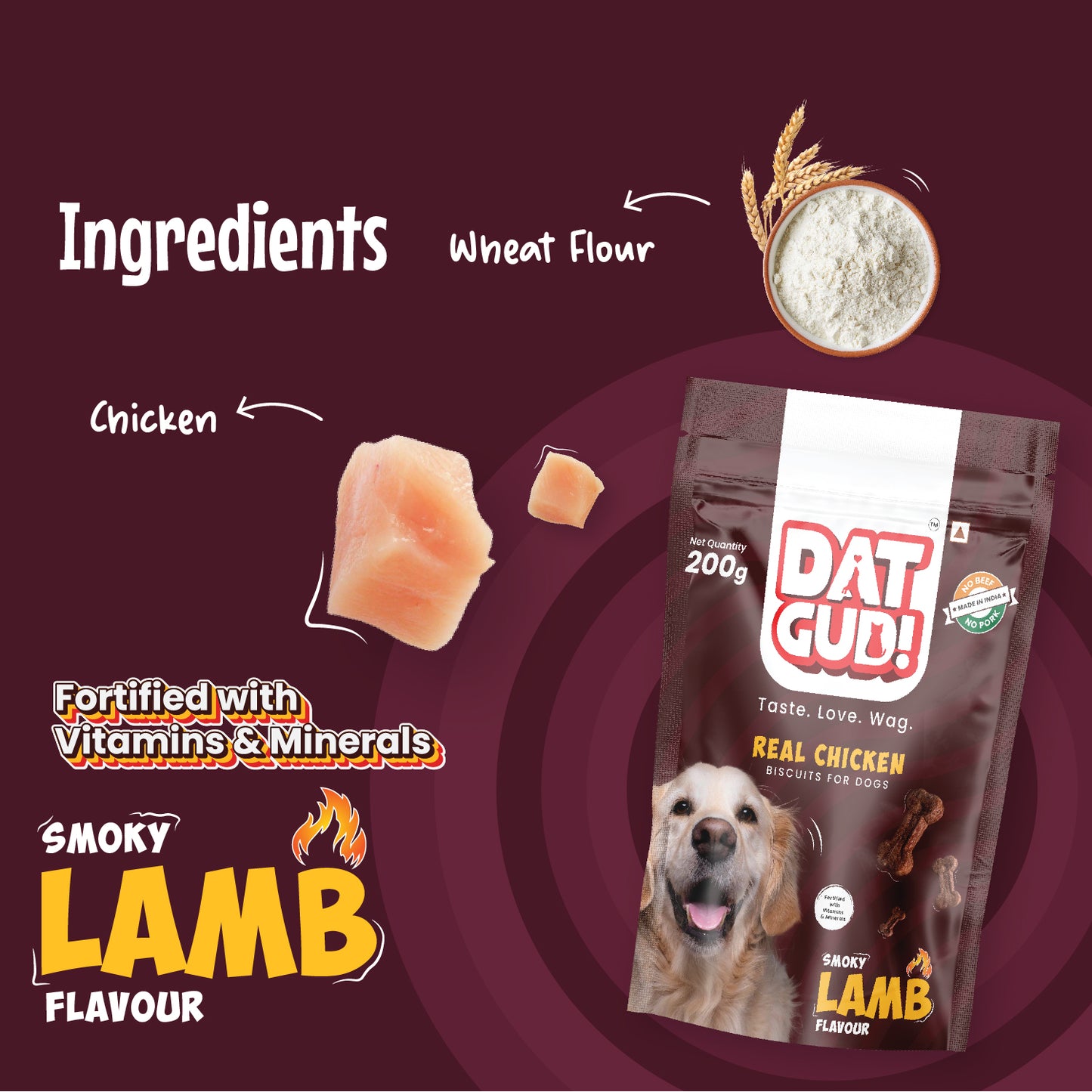 Key ingredients in DatGud Real Chicken Biscuits in smoky barbeque flavor - Wheat flour and chicken.