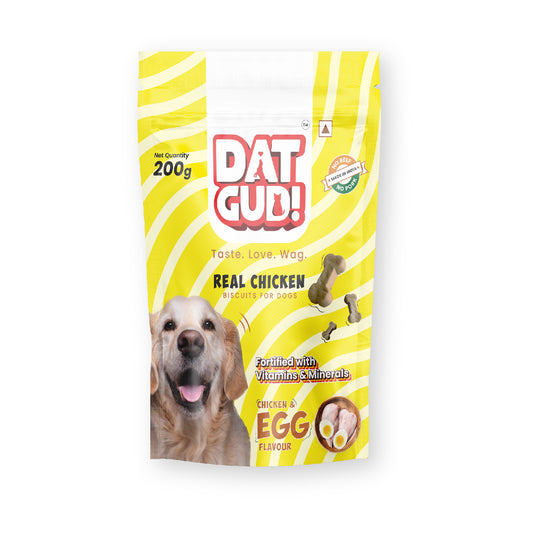 Packshot of DatGud Real chicken biscuits for dogs in Egg flavour 
