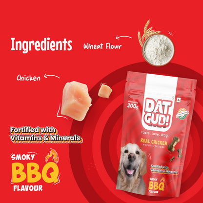Key ingredients in DatGud Real Chicken Biscuits in smoky barbeque flavor - Wheat flour and chicken. 