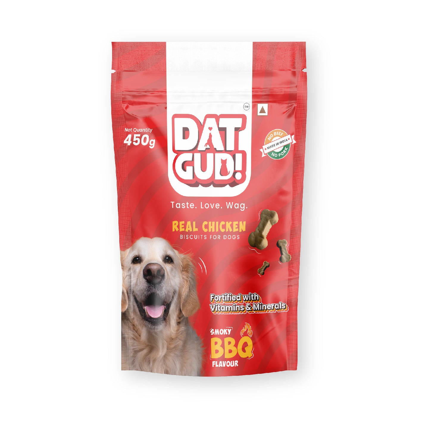 Packshot of DatGud Real chicken biscuits for dogs in smoky barbeque flavour 
